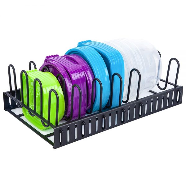 GeekDigg Food Container Lid Organizer, Adjustable Tupperware Lid Holder Rack Storage Container Lid organizer for Cabinets with 6 Dividers (Upgraded)