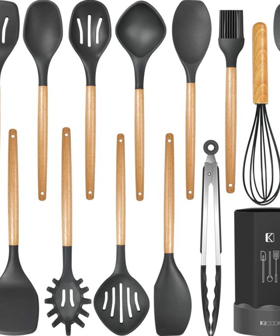 Silicone Cooking Utensils Kitchen Utensil Set, Heat Resistant,Kitchen Utensils Spatula Set with Holder.Wooden Handle Gray Silicone Kitchen Tools Gadgets for Non-Stick Cookware .BPA Free.(Large)