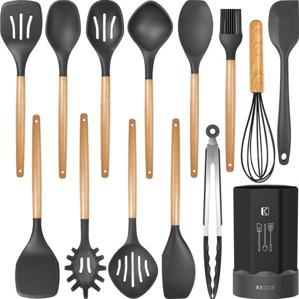 Silicone Cooking Utensils Kitchen Utensil Set, Heat Resistant,Kitchen Utensils Spatula Set with Holder.Wooden Handle Gray Silicone Kitchen Tools Gadgets for Non-Stick Cookware .BPA Free.(Large)