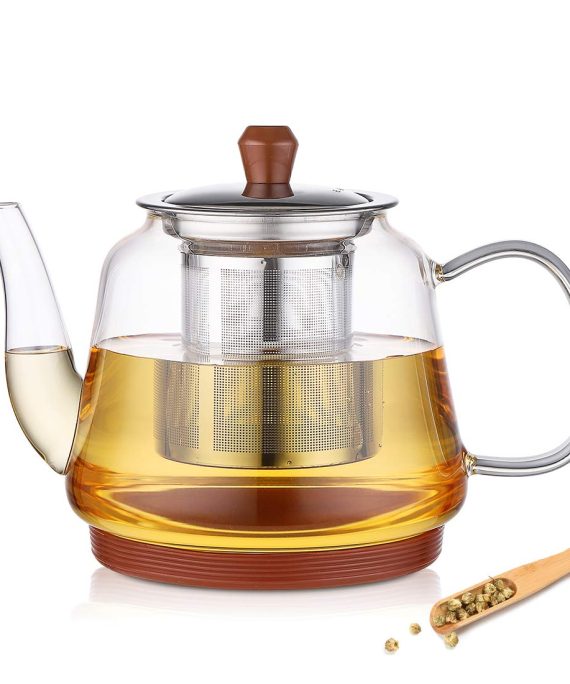 JIAQI 30oz Glass Teapot with Removable Stainless Steel Infuser, Tea pot with Strainer for Loose Leaf and Blooming, Tea Maker with Silicone Coasters, Stovetop Safe