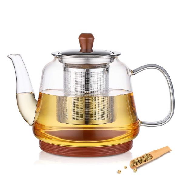 JIAQI 30oz Glass Teapot with Removable Stainless Steel Infuser, Tea pot with Strainer for Loose Leaf and Blooming, Tea Maker with Silicone Coasters, Stovetop Safe