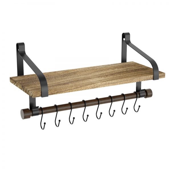 Love-KANKEI Floating Shelf Wall Shelf for Storage Rustic Wood Kitchen Spice Rack with Towel Bar and 8 Removable Hooks for Organize Cooking Utensils or Mugs Carbonized Black