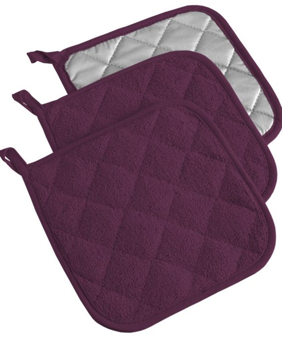 DII 100% Cotton, Quilted Terry Oven Set Machine Washable, Heat Resistant with Hanging Loop, Potholder, Eggplant 3 Count