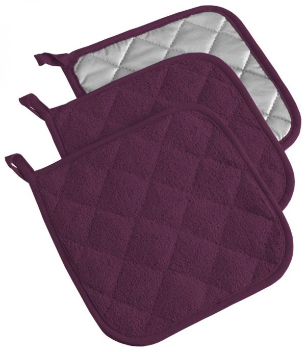 DII 100% Cotton, Quilted Terry Oven Set Machine Washable, Heat Resistant with Hanging Loop, Potholder, Eggplant 3 Count