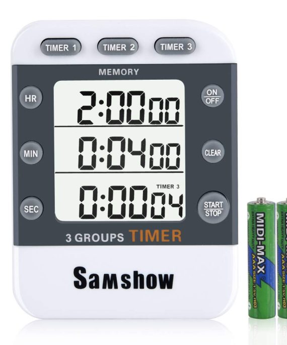 Samshow Digital Dual Kitchen Timer, 3 Channels Count UP/Down Timer, Cooking Timer, Stopwatch, Large Display, Adjustable Volume Alarm with Magnetic Back, Stand, Battery Included (White)