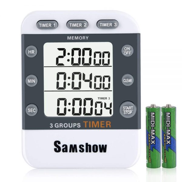 Samshow Digital Dual Kitchen Timer, 3 Channels Count UP/Down Timer, Cooking Timer, Stopwatch, Large Display, Adjustable Volume Alarm with Magnetic Back, Stand, Battery Included (White)