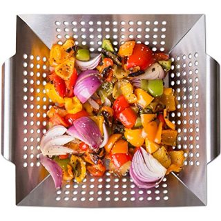 Vegetable Grill Basket and Wok Topper use as a Pan or Smoker. with Ebook Bonus | For Stir Fry and Grilling Fish, Seafood, Kabob, Pizza, Veggies & Fruit. Best BBQ Grilling Accessories. stainless steel.