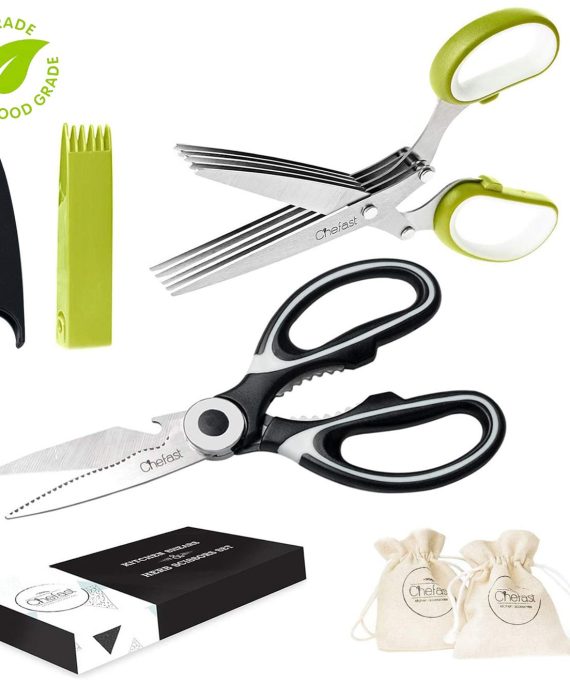 Chefast Heavy Duty Kitchen Shears and Herb Scissors Set: Combo Kit of Stainless Steel Food Scissors, 5-Blade Herb Cutter, and Two Jute Bags - Great for Meat, Poultry, Garden, Cooking and Crafts