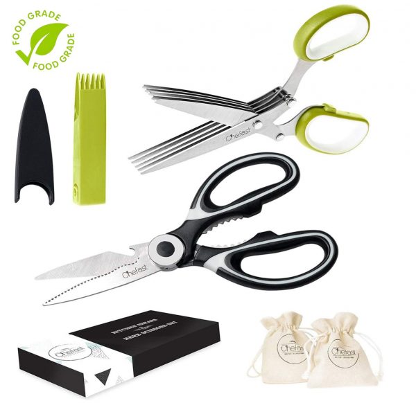 Chefast Heavy Duty Kitchen Shears and Herb Scissors Set: Combo Kit of Stainless Steel Food Scissors, 5-Blade Herb Cutter, and Two Jute Bags - Great for Meat, Poultry, Garden, Cooking and Crafts