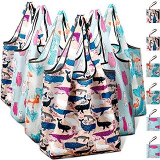 Reusable Grocery Shopping Bags Foldable with Pouch, Heavy Duty Nylon Cloth Reusable Bags for Groceries, Shopping Trip (Dolphin+Flamingo+Bear, 6-pcs)