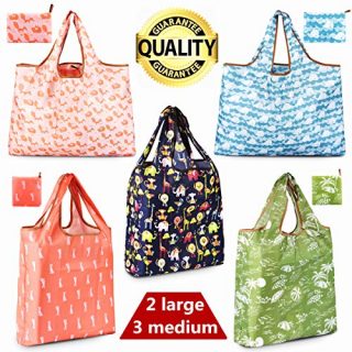 Reusable Shopping Bags, Foldable Grocery Bags, Reusable Grocery Tote Bags With Pouch Attached, Ripstop Polyester, Washable Lightweight(2 Large and 3 Medium)