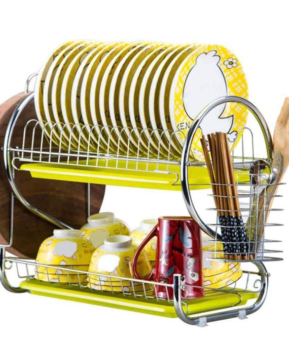 2 Tier R-Shaped Dish Drainer Stainless Steel Drying Rack Cutting board chopsticks cups Bowl racks with Tray Holder Kitchen Dinnerware Organizer Storage (Yellow)