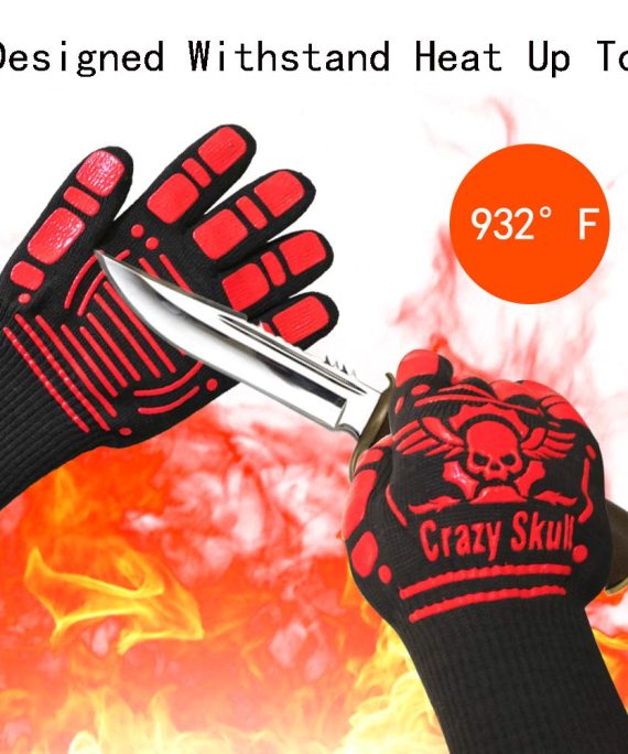 Minerva Merchandise BBQ Gloves Extreme Heat Resistant 932 F 500 C, Silicone Oven Mitts High Heat BBQ Grill Gloves for Kitchen, Large Oven Gloves for Men, (Black, Large)