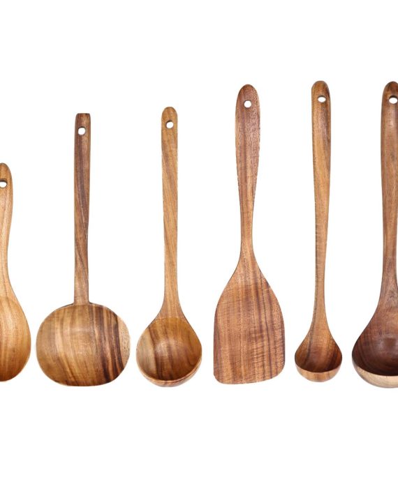 Natural Acacia Wood Long Handle Non-Stick Kitchen Cooking Utensil Set