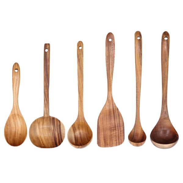 Natural Acacia Wood Long Handle Non-Stick Kitchen Cooking Utensil Set