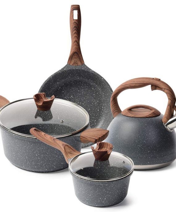 Caannasweis Nonstick Kitchen Cookware Set, Pots and Pans Set Includes Nonstick Frying Pan, Saucepan, Cooking Pots Casserole Dish with lids, Stone Tea Kettle - 4 Piece