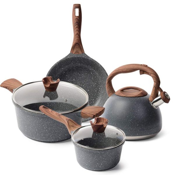Caannasweis Nonstick Kitchen Cookware Set, Pots and Pans Set Includes Nonstick Frying Pan, Saucepan, Cooking Pots Casserole Dish with lids, Stone Tea Kettle - 4 Piece