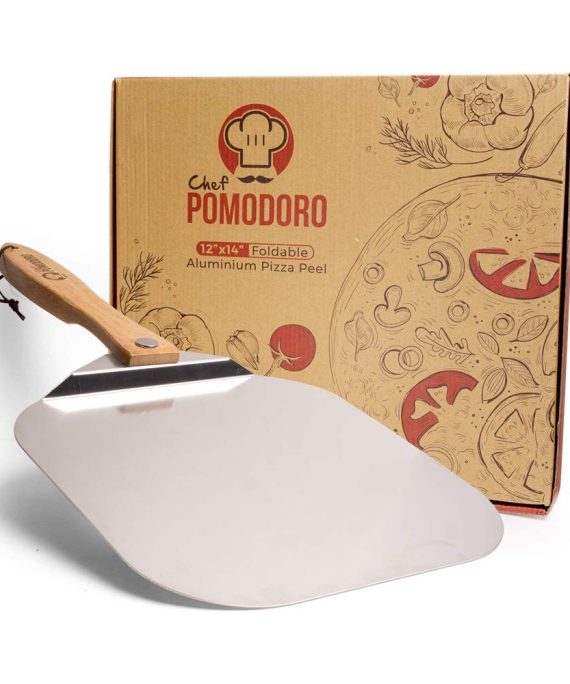 Chef Pomodoro Aluminum Metal Pizza Peel with Foldable Wood Handle for Easy Storage 12-Inch x 14-Inch, Gourmet Luxury Pizza Paddle for Baking Homemade Pizza Bread