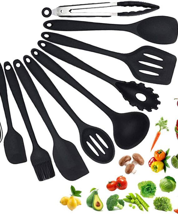 Silicone Cooking Utensils Set Heat Resistant Cooking Utensils Set NoScratch Easy To Clean BPA - Free Kitchen Utensils Set For Cooking 10PCS（BLACK）