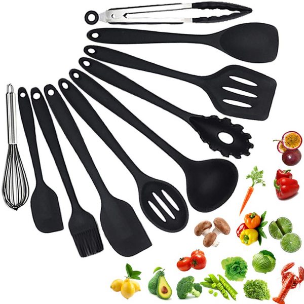 Silicone Cooking Utensils Set Heat Resistant Cooking Utensils Set NoScratch Easy To Clean BPA - Free Kitchen Utensils Set For Cooking 10PCS（BLACK）
