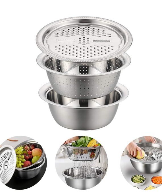 UEncounter 3pcs Multifunctional Kitchen Graters Stainless Steel Graters Basin Basket Washing Bowl Vegetable Slicer Fruits Cutter Kitchen Tools