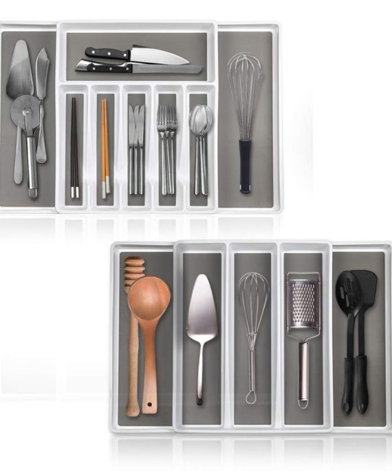 Expandable In Drawer Cutlery Organizer & Utensil Tray Set By Eltow- 2 Kitchen Storage Trays For Flatware, Silverware, Cooking Utensils & More- Multipurpose Organizer Tray For Kitchen & Office Supplies