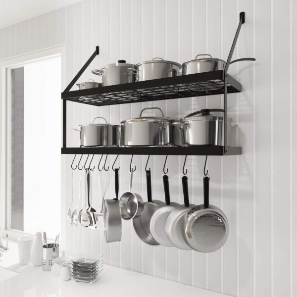 KES 30-Inch Pot Rack 2 Tier Pan Rack for Kitchen Wall Mounted Pot Organizer with 12 S-Hooks Heavy-Duty Matte Black, KUR218S75B-BK