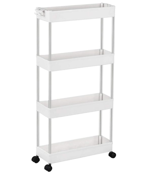 SPACEKEEPER 4 Tier Slim Storage Cart Mobile Shelving Unit Organizer Slide Out Storage Rolling Utility Cart Tower Rack for Kitchen Bathroom Laundry Narrow Places, Plastic & Stainless Steel, White