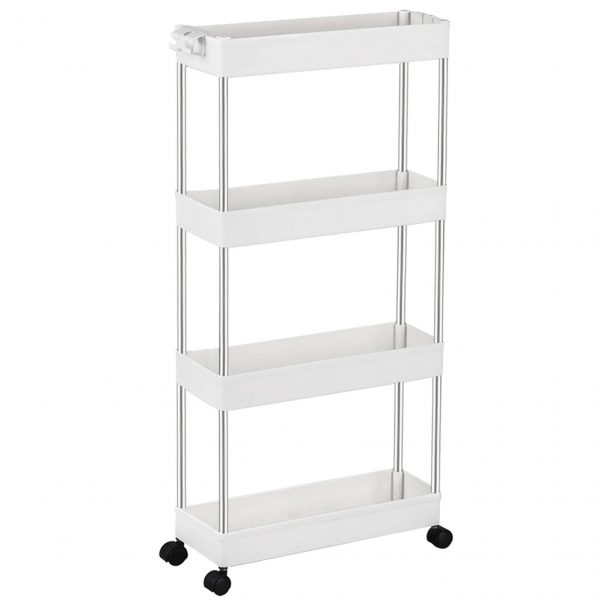 SPACEKEEPER 4 Tier Slim Storage Cart Mobile Shelving Unit Organizer Slide Out Storage Rolling Utility Cart Tower Rack for Kitchen Bathroom Laundry Narrow Places, Plastic & Stainless Steel, White