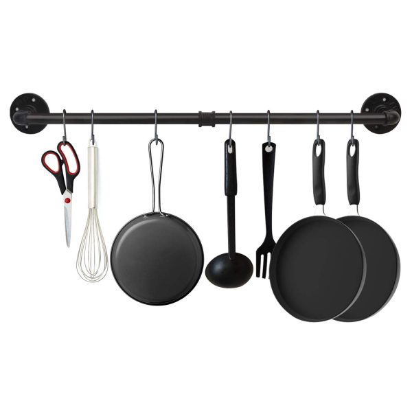 EGASON 34.3 inch Industrial Pipe Pot Bar Rack with 15 S Hooks Rustic Iron Pots and Pans Hanging Rail Pipe Towel Rack Holder Wall Mounted Detachable Kitchen Utensil Pot Pan Lid Organizer Black