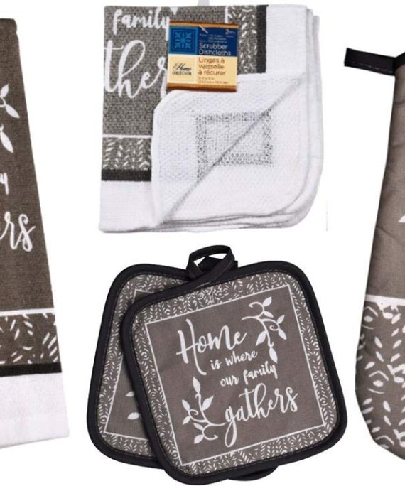 TopNotch Outlet Family Kitchen Decor - Oven Mitts - Towel Linen Set (6 Pc) Home is Where Our Familiy Gathers - Kitchen Towel Potholders Scrubber Dishcloths Oven Mitt - Kitchen Decorations