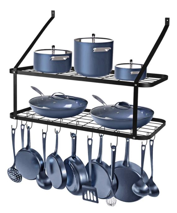 Wall Mounted Pots and Pans Rack, Rottogoon 2 Tier Pot and Pan Organizer 30 Inch Wall Pot Rack with 12 Hooks Kitchen Rack Organizer(Black)