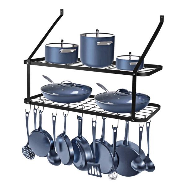 Wall Mounted Pots and Pans Rack, Rottogoon 2 Tier Pot and Pan Organizer 30 Inch Wall Pot Rack with 12 Hooks Kitchen Rack Organizer(Black)
