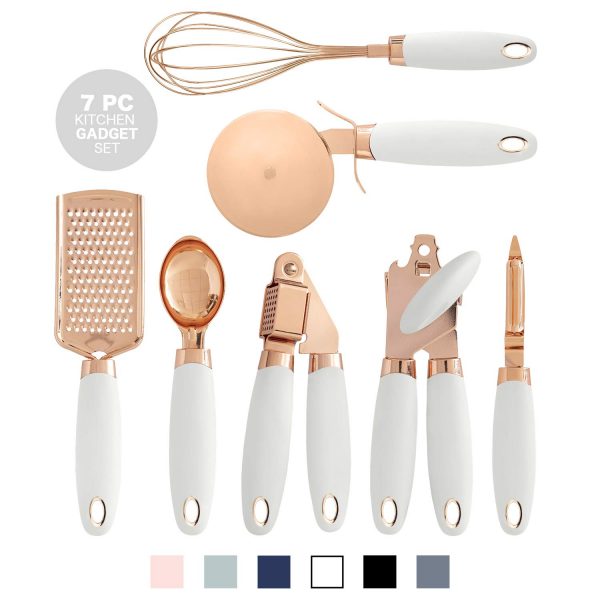 COOK With COLOR 7 Pc Kitchen Gadget Set Copper Coated Stainless Steel Utensils with Soft Touch White Handles