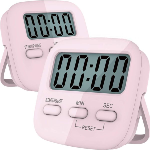 Kitchen Timer, 2 Pack Digital Kitchen Timers Magnetic Countdown Timer with Loud Alarm, Big Digits, Back Stand for Cooking, Classroom, Teachers (Pink)