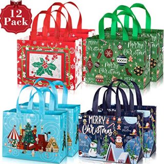 Whaline 12 Pack Large Christmas Tote Bags with Handles, Reusable Gift Bag Grocery Shopping Totes for Holiday Xmas