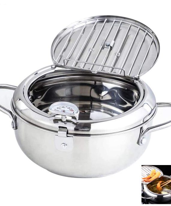Japanese Deep Frying Pot with a Thermometer and a Lid 304 Stainless Steel Kitchen Tempura Fryer Pan 20 24 cm,Silver,24cm