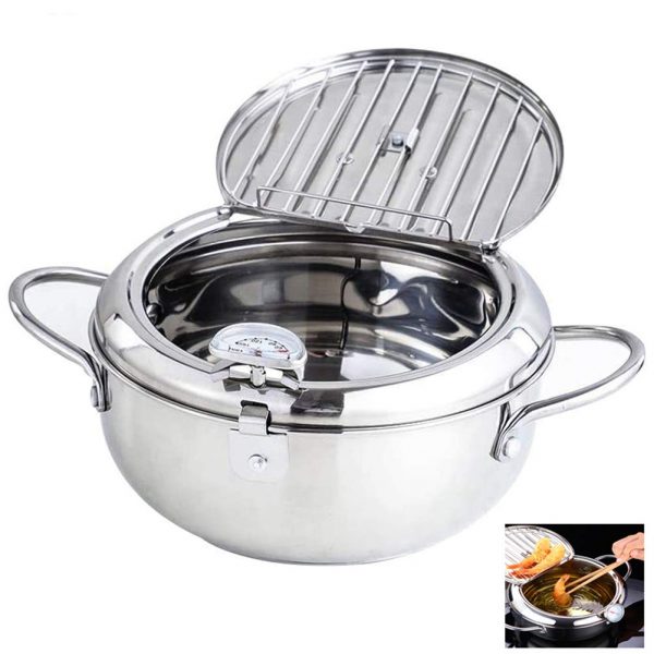 Japanese Deep Frying Pot with a Thermometer and a Lid 304 Stainless Steel Kitchen Tempura Fryer Pan 20 24 cm,Silver,24cm