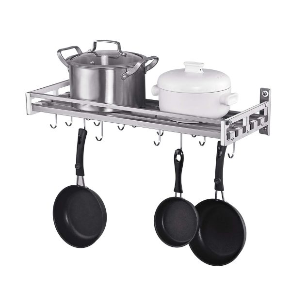istBoom Wall Mounted Pot Rack Pan Holder with 16 Hooks, Heavy Duty Kitchen Wall Shelf Hanger Rack Stainless Steel Pot Lid Organizer (24'' by 9 1/2")