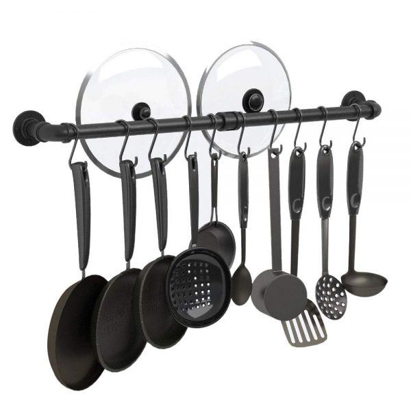 Greenstell Pot Rack Wall Mounted Detachable Hanging Rail Kitchen Lids Utensils Hanger with Hooks Black (1 Pack)