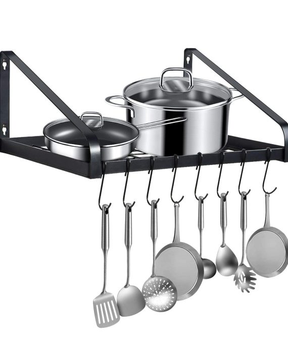 Pot Rack Wall Mounted, G-TING Pot and Pan Organizer Hanging Pot Rack Kitchen Cookware Wall Shelves Storage Pot Holder Pan Rack Hanger Organizer with 8 Hooks, Ideal for Pans Utensils Books Plant, Black (black) (black)