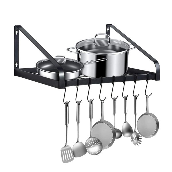Pot Rack Wall Mounted, G-TING Pot and Pan Organizer Hanging Pot Rack Kitchen Cookware Wall Shelves Storage Pot Holder Pan Rack Hanger Organizer with 8 Hooks, Ideal for Pans Utensils Books Plant, Black (black) (black)