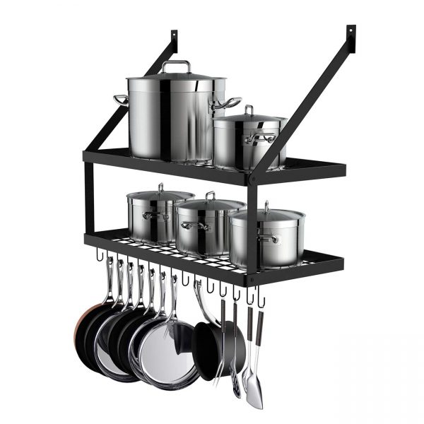 KLXHOME Wall Mounted Pot Rack with 2-Tier 15 Hooks, Kitchen Shelves Cookware Hanging Storage Organizer, 29.5 by13.7-inch (Black), KR300B2