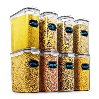 Cereal & Dry Food Storage Containers - Wildone Airtight Cereal Storage Containers Set of 8 [2.5L / 85.4oz] for Sugar, Flour, Snack, Baking Supplies, Leak-proof with Black Locking Lids