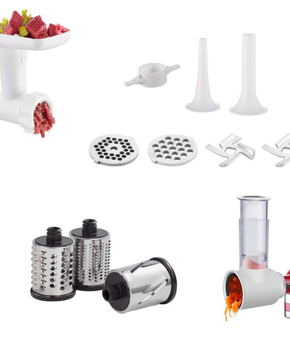 Slicer/Shredder & Food Grinder Attachments for KitchenAid Stand Mixers, 2 in 1 combo set with 2 Sausage Stuffer Tubes, 3 Cutting Blades, 2 Grinding Plates (White)