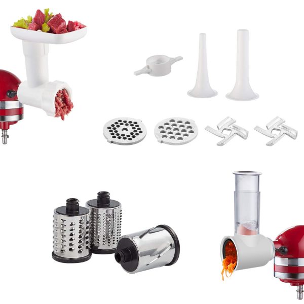 Slicer/Shredder & Food Grinder Attachments for KitchenAid Stand Mixers, 2 in 1 combo set with 2 Sausage Stuffer Tubes, 3 Cutting Blades, 2 Grinding Plates (White)