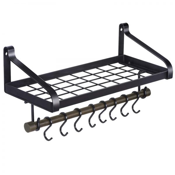 Love-KANKEI Pot Rack Wall Mounted Pan Pot Organizer Wall Shelf with Towel Bar and 8 Hooks for Kitchen Cookware Utensils Organization Black