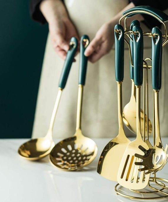 Kitchen Products Cookware Set 6/7PCS Green Gold Kitchen Tools Luxury Sets Heat-Resistant Cooking Utensil Set Kitchen Tool NDMCC (Color : Gold, Size : 7PC)