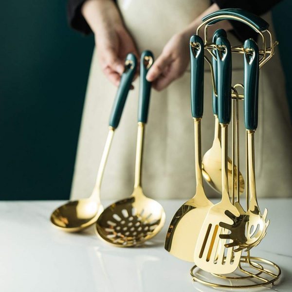 No-branded Cooking Tool Cookware Set 6/7PCS Green Gold Kitchen Tools Luxury Sets Heat-Resistant Cooking Utensil Set Kitchen Tool LYFTLKJ (Color : Gold, Size : 7PC)