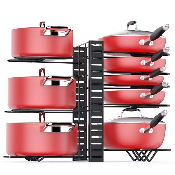 Pan Organizer Rack for Cabinet, Pot Rack with 3 DIY Methods, Adjustable Pots and Pans Organizer under Cabinet with 8 Tiers, Large & Small Pot Organizer Rack for Cabinet Kitchen [Upgrade Version]